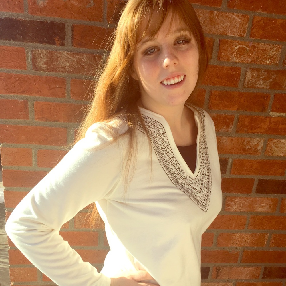 Long Sleeved Warm White and Brown Sweater